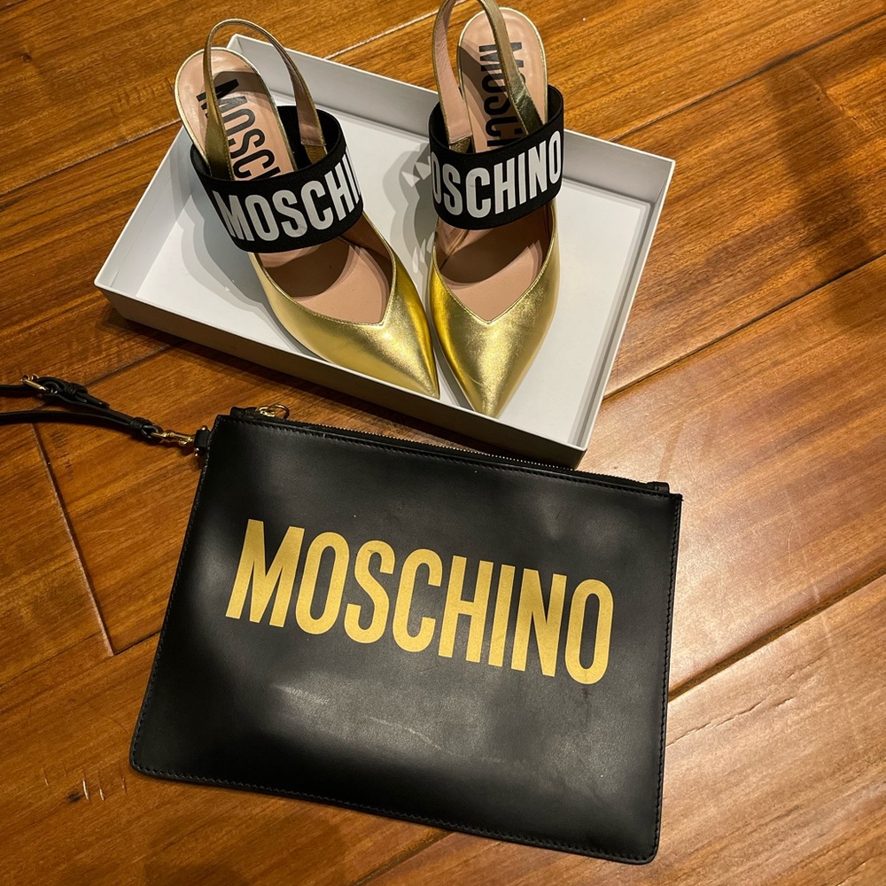Moschino Metallic Gold Heels with Wrist Handbag